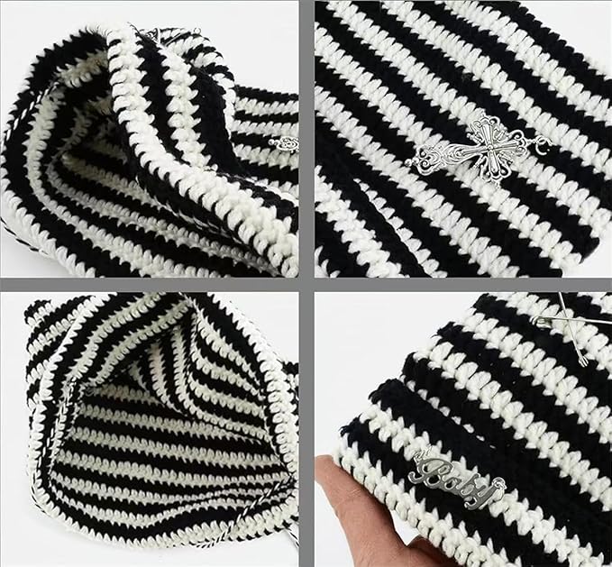 Y2k Beanies Crochet Knitted Cat Hats Goth Cross Devil Hat Striped Alt Emo Accessories Grunge Y2k Aesthetic Clothes
