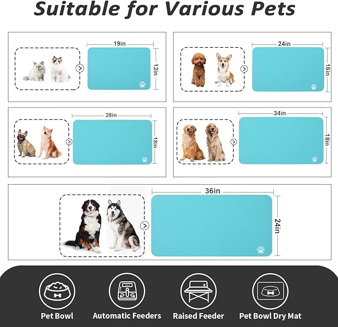 Dog Food Mat - Absorbent Cat Mat for Food and Water, No Stains Pet Feeding Bowl Mat, Easy to Clean Pet Placemats, Quick Dry Dog Water Dispenser Mat for Messy Drinkers | Paw Teal 24"x36"