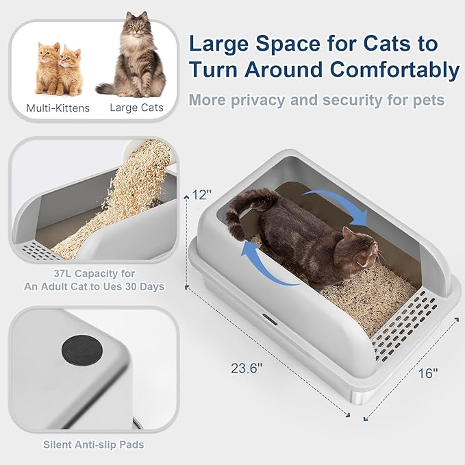 Enclosed Stainless Steel Cat Litter Box with Lid Extra Large Litter Box for Big Cats XL Metal Litter Pan Tray with High Wall Sides Enclosure, Non-Sticky, Anti-Leakage, Easy Cleaning