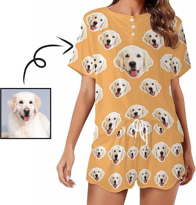 Custom Short Pajamas Set with Face Photo Women‘s Sleepwear Tee Personalized PJ Short Loungewear Set fot Her