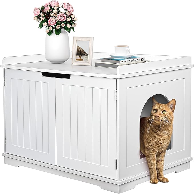 ZENY Wooden Cat Litter Cabinet, Hidden Litter Box Enclosure, Modern Storage Bench with Divider, Fit Most Boxes - White