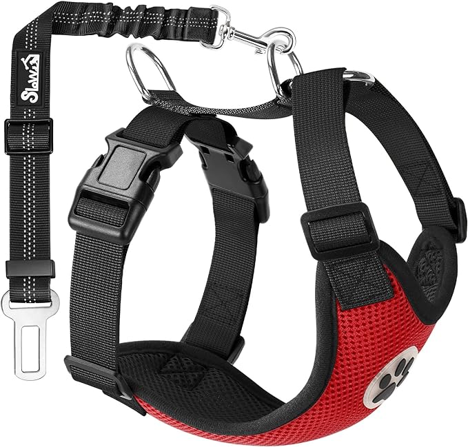 SlowTon Dog Seat Belt Harness for Car, Dog Car Harness Adjustable Mesh Breathable & Dog Seatbelt Safety Tether with Elastic Bungee for Small Medium Large Pets(Red, Single Clip, XXXS)