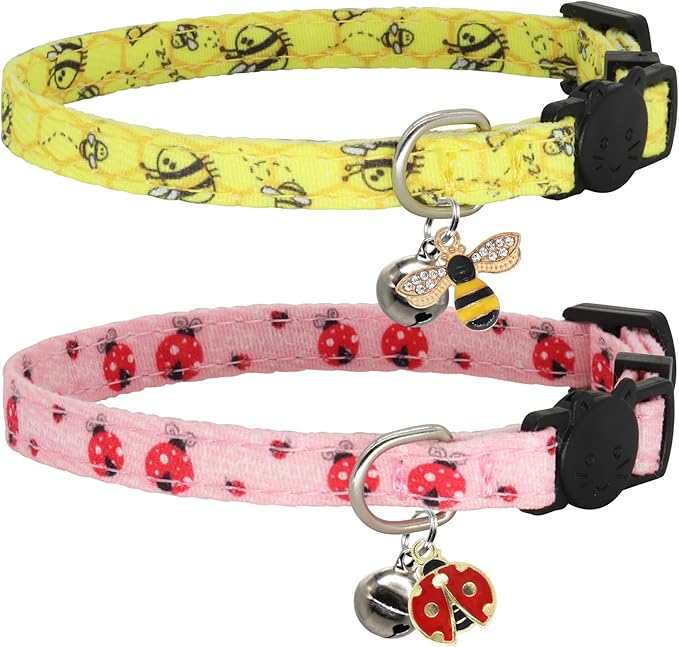 Cat Collar Breakaway, 2 Pack Cotton Cats Collars with Bells, Cute Bee and Ladybug Shaped for Girl Boy Kittens