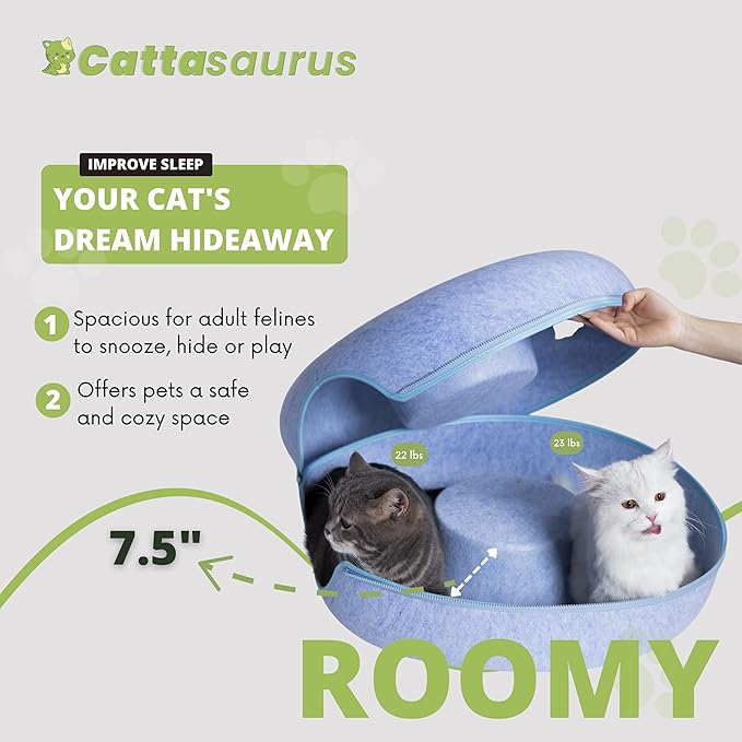 Cattasaurus Peekaboo Cat Cave Donut for Multiple & Large Cats up to 30-45 lbs, 3-in-1 Self Warming Cat Bed, Tunnel & Scratcher for Indoor Cats, Washable & Detachable Small Dog Bed (Blue, Large)