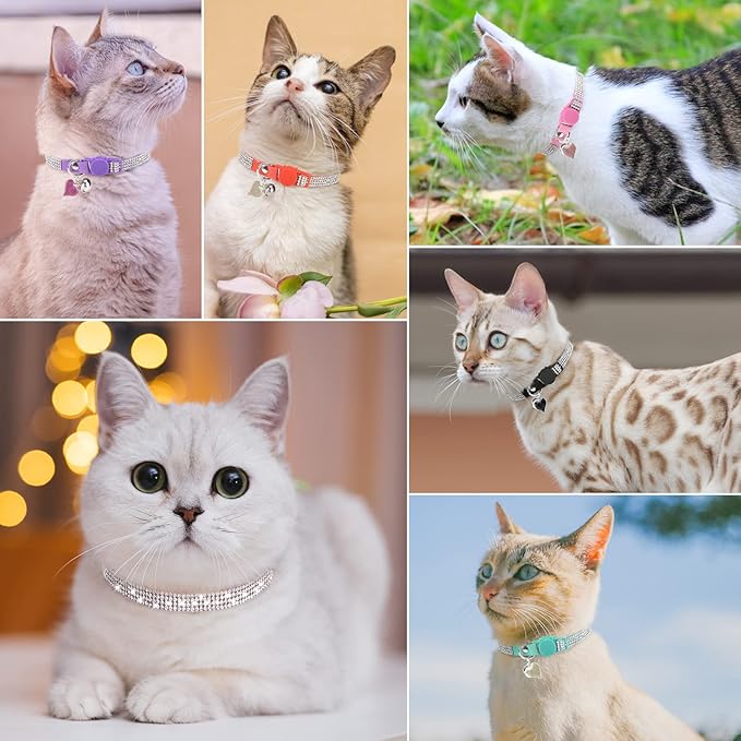 Rhinestone Cat Collar Breakaway with Bell, Diamond Cat Collar with Safety Buckle Quick Release for Girl Boy Kitten Pets Puppy,Cute Soft Female Male Cat Collars,Valentine's Day Pink 8-12"
