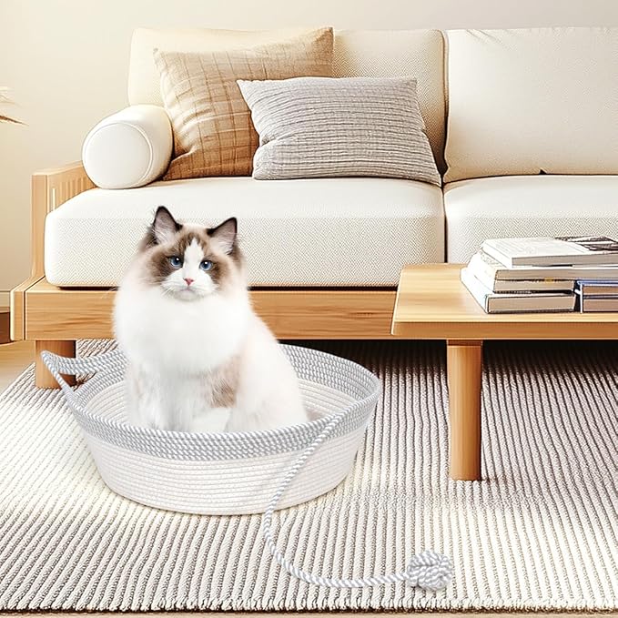 Cotton Rope Woven Cat Bed Basket, Hand Woven with Toy Tail, Small Dogs & Puppies Sleeping Bed, Indoor Cat & Rabbit Basket (Large, Gray & White)