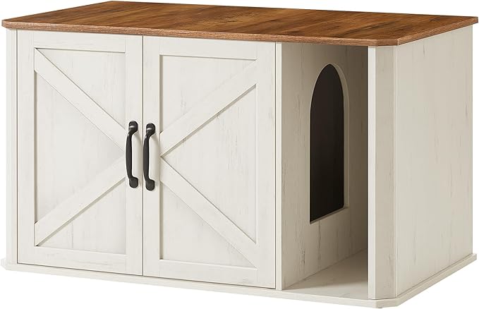 Feandrea Litter Box Enclosure, Modern Cat Litter Box Furniture Hidden, Front Entry, Double Doors, Handles, Cat House, Side End Table, 33.5 x 19 x 19.5 Inches, Honey Brown and Rustic White UPCL012K01
