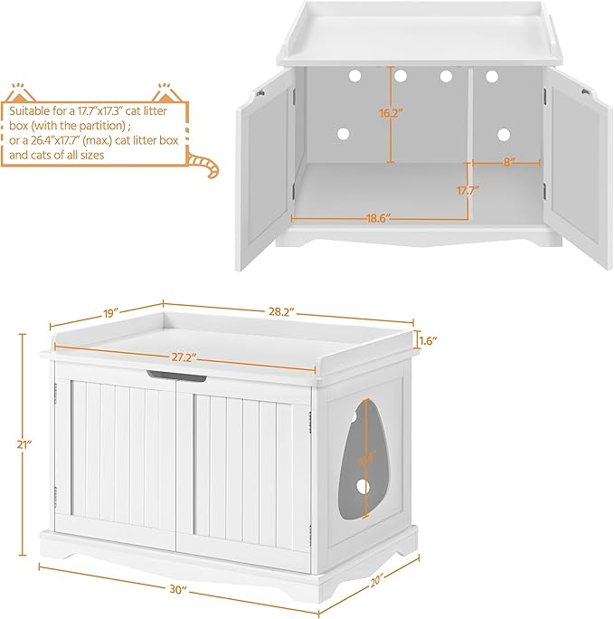 Yaheetech Cat Litter Box Enclosure, Hidden Litter Furniture, Cat Washroom, Pet Crate, Decorative Storage Bench Pet Side Table for Large Cat Kitty, White
