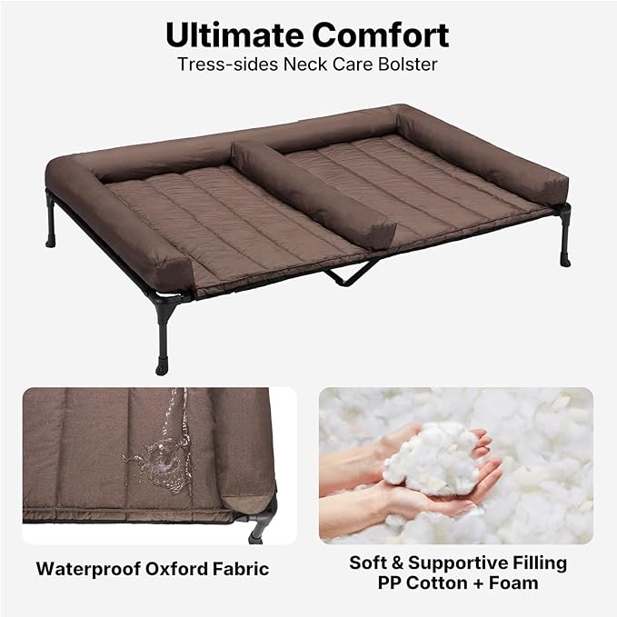 Veehoo Cooling Raised Dog Beds + Waterproof Double Dog Bed Cushion for Two Medium Dogs, Elevated Pet Cot with Removable Bolster Mat, Breathable Mesh, No-Slip Feet, Pets Couch Bed, 49x 33inches, Brown