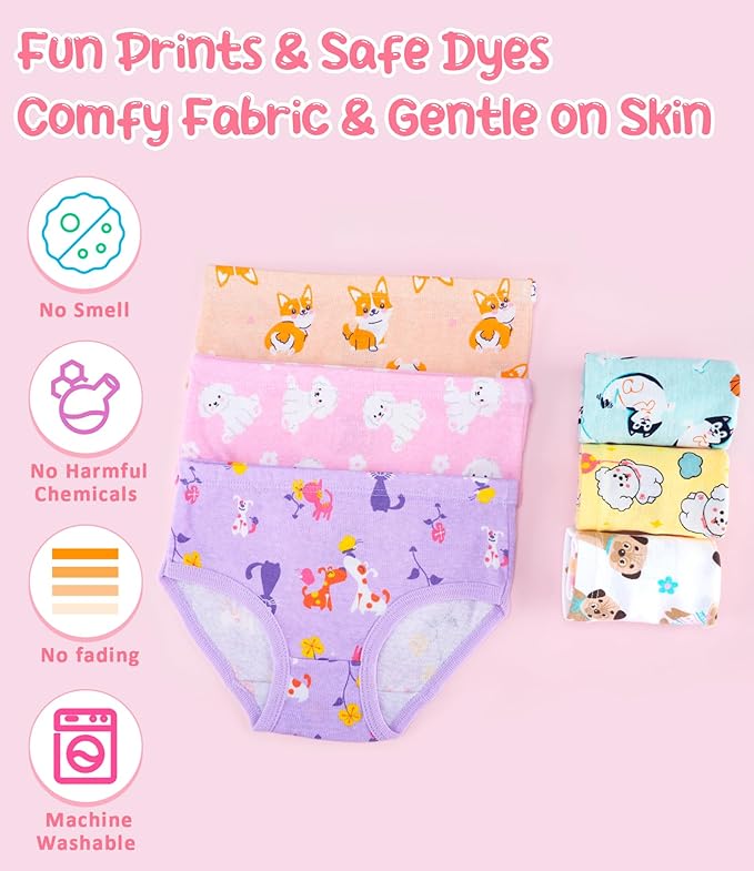 Girls and Toddlers 100% Cotton Underwear Tagless Soft Panties Size 2-3T,4-5T,6,8,10,12 (6-Pack)