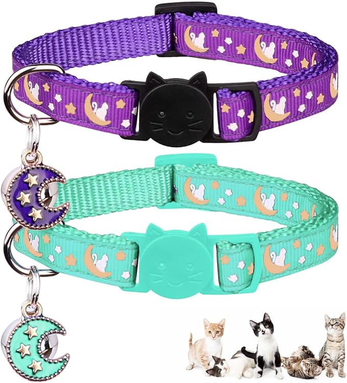 2Pcs Breakaway Cats Collars Cat Collars for Boy & Girl Cats Adjustable Kitten Collars with Bell,Purple+Teal