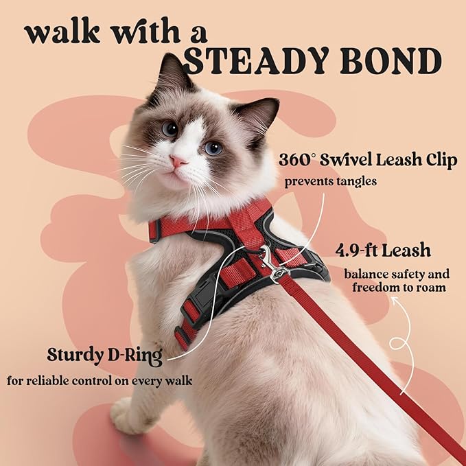 rabbitgoo Cat Harness and Leash for Walking, Escape Proof Soft Adjustable Vest Harnesses for Cats, Easy Control Breathable Reflective Strips Jacket, Black & Red, XXS