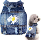 Dog Denim Jacket with Embroidered Daisy, Ripped Vintage Jean Vest for Small Dogs, Pugs, Chihuahuas, Spring Summer Autumn Festival Outfit