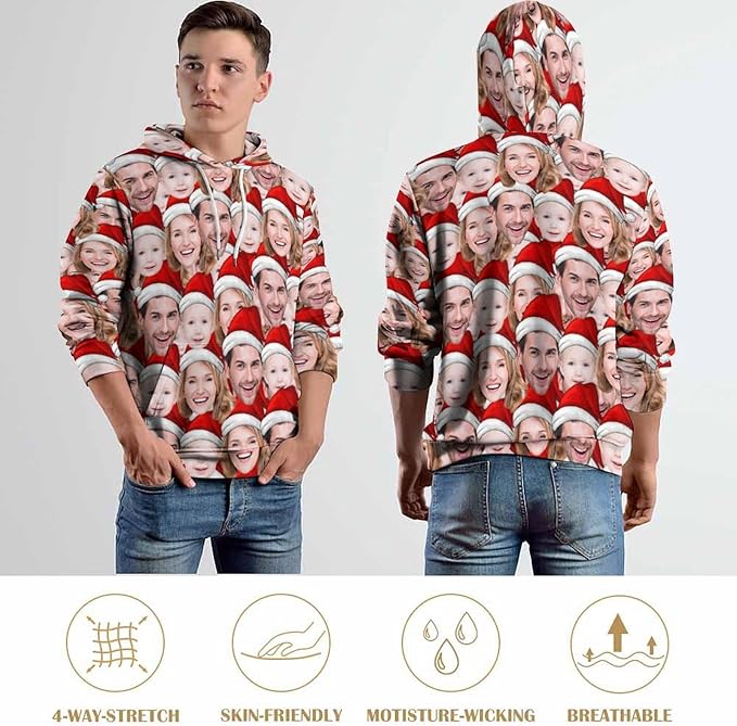 Artsadd Custom Face Unisex athletic Pockets Sweatshirt Loose Hoodie Custom Christmas Long Sleeve Sweatshirt Hooded Pullover