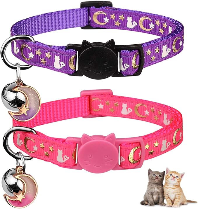 Baeuppit 2PCS Breakaway Cat Collars with Bell Moons Stars Cute Kitty Adjustable Safe Kitten Collars with Pendant Glow in The Dark(Purple&Pink)