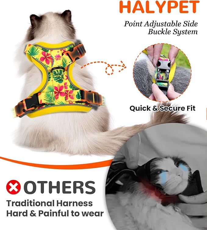 Halypet Cat Harness and Leash Set for Walking, Escape Proof Adjustable Vest Harness with 3-in-1 Integrated Buckles, Easy Control Soft Breathable Mesh with Reflective Strips for Cats, XS, Bright Yellow