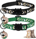 Baeuppit 2PCS Breakaway Cat Collars with Bell Cute Kitty Glow in The Dark Adjustable Kitten Collars(Deep Green&Black)