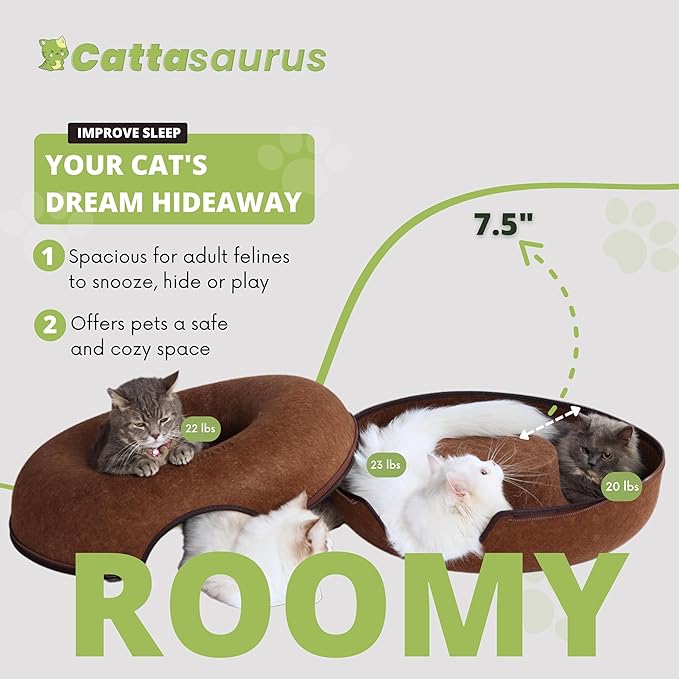 Cattasaurus Peekaboo Cat Cave Donut for Multiple & Large Cats up to 30-45 lbs, 3-in-1 Self Warming Cat Bed, Tunnel & Scratcher for Indoor Cats, Washable & Detachable Small Dog Bed (Brown, Large)