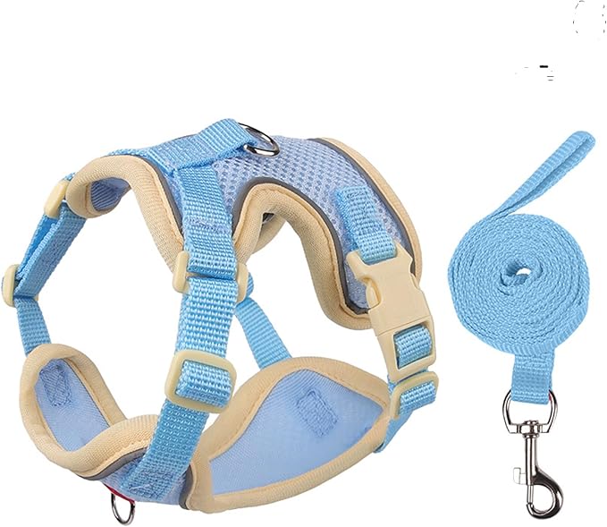 Cat Harness and Leash Set for Walking – Escape-Proof Reflective Vest for Cats and Small Dogs, Adjustable Soft Air Mesh with Pressure-Reducing Design, 4.92ft (Light Brown & Blue, S)
