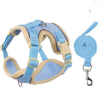 Cat Harness and Leash Set for Walking – Escape-Proof Reflective Vest for Cats and Small Dogs, Adjustable Soft Air Mesh with Pressure-Reducing Design, 4.92ft (Light Brown & Blue, S)