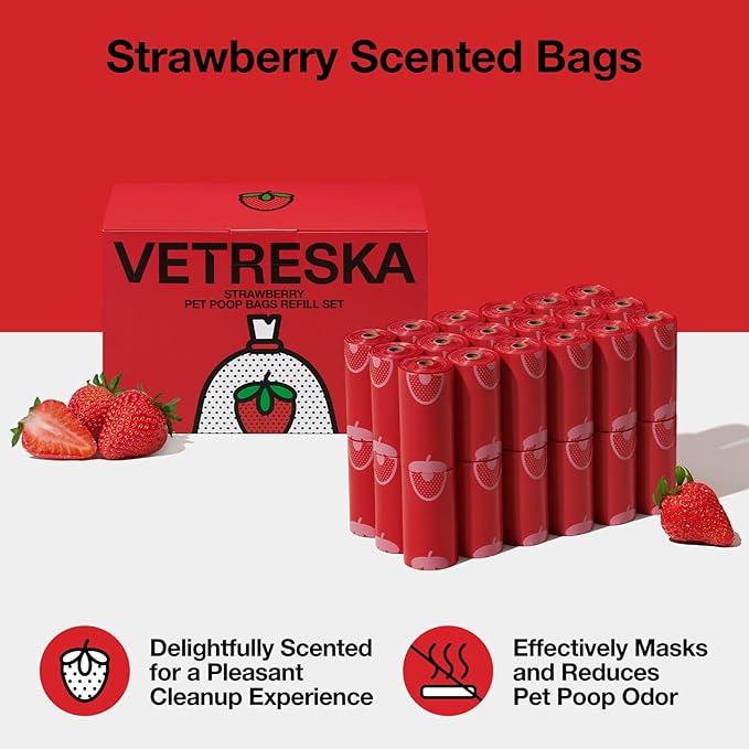 VETRESKA Strawberry Scented Dog Poop Bags, Leak Proof, Extra Thick and Large Pet Waste Bags for Dogs Walking and Cat Litter, 36 Refill Rolls, 540 Bags, Red