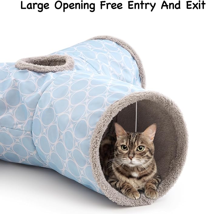 Tempcore Cat Tunnels for Indoor Cats Fleece-Lined in for Warmth, Pet Tube Toys 3 Way Collapsible, Pet Play Tunnel with Peek Hole Toy Ball for Kitty, Kitten, Rabbit, Geometry Blue