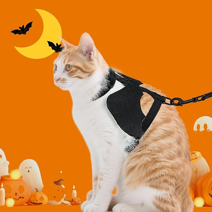 Cat Harness and Leash, Cat Halloween Costumes with Bat Wings Escape Proof Soft Adjustable Vest, Easy Control Breathable Halloween Costumes Harness for Small Dogs Cats Rabbits (M)