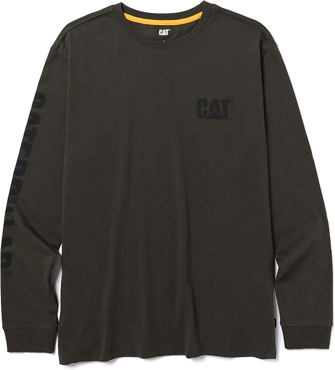 Caterpillar Trademark Banner Long Sleeve Tee Shirts for Men with Center Back Neck Wire Management Loop and Cat Workwear Logo