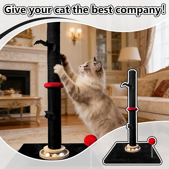 Gothic 27'' Scratching Post, Cat Scratcher Indoor, Wooden Ball Track Toy, Hanging Ball, Bouncy Ball, Interactive Toy Furniture for Kittens Adult Cats, Black Red
