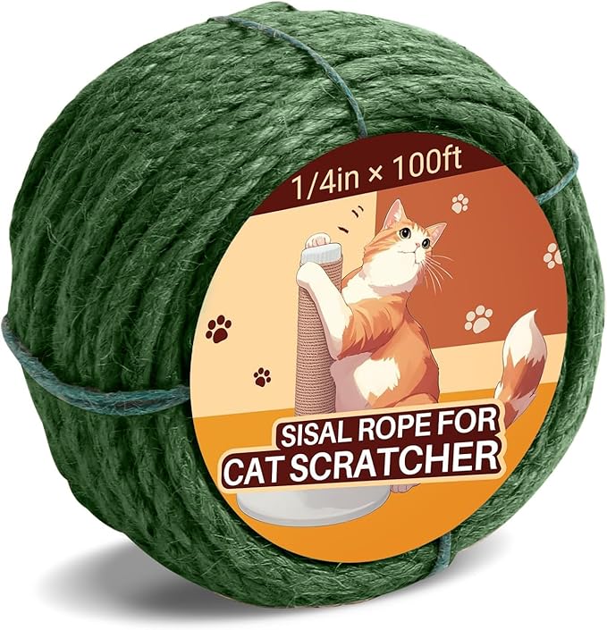 Sisal Rope for Cat Scratcher 1/4" 100 Ft Cat Tree Twine for Repairing Cat Scratching Post Replacement DIY Hemp Rope for Carpet Mat, Pet Toy, and Crafts Gardening Home Decorating (Green)