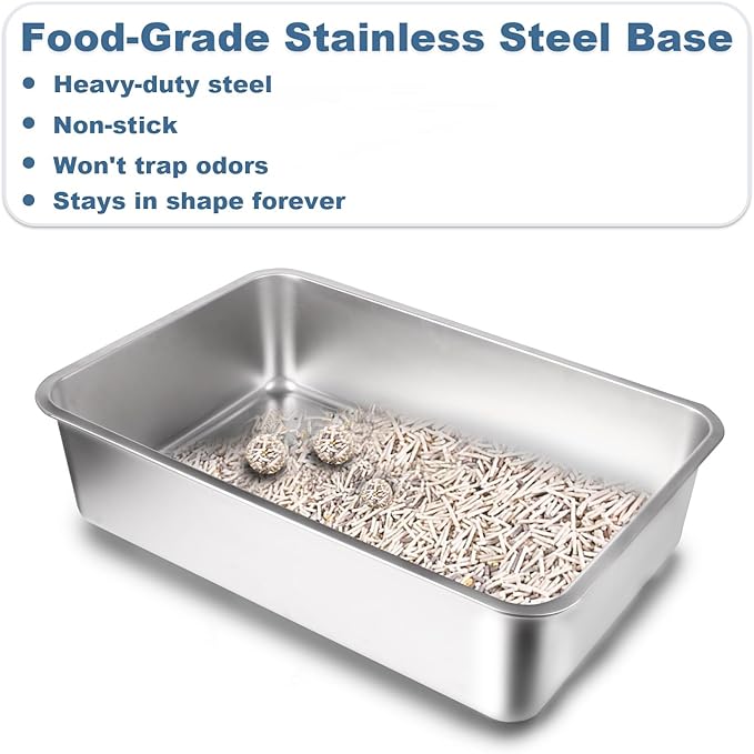 Cat Litter Box – Open Top Stainless Steel Large Litter Pan for Big Cats – High Sided Non-Stick Anti-Leakage – Easy to Clean with Scoop & Litter Mat (White)