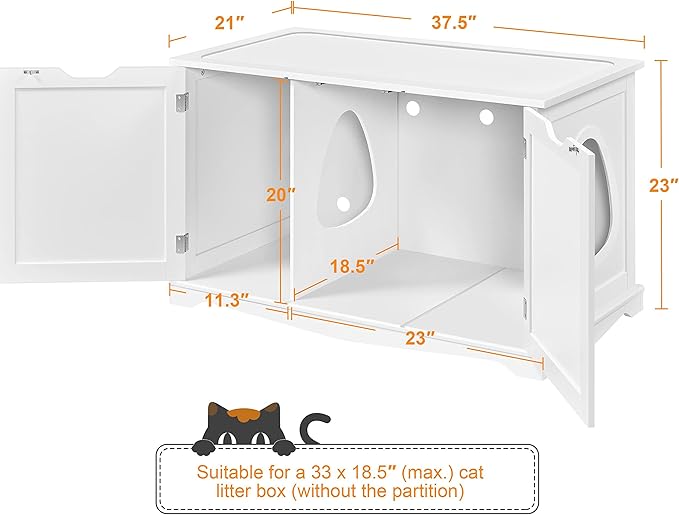 Yaheetech Cat Litter Box Enclosure, Box Cabinet Hidden, Wooden Pet Crate Kitty Washroom Storage Bench with Divider Home Litter Loo Indoor Cat House White