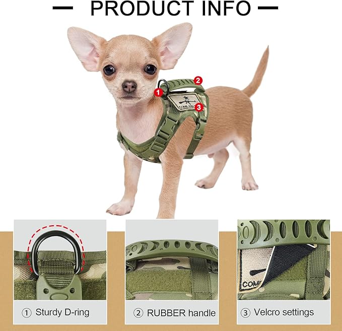 Tactical Dog Training Harness Outdoor Working Vest Adjustable Military MOLLE Dog Vest Harness with Rubber Handle (X-Small (Pack of 1), Camo)