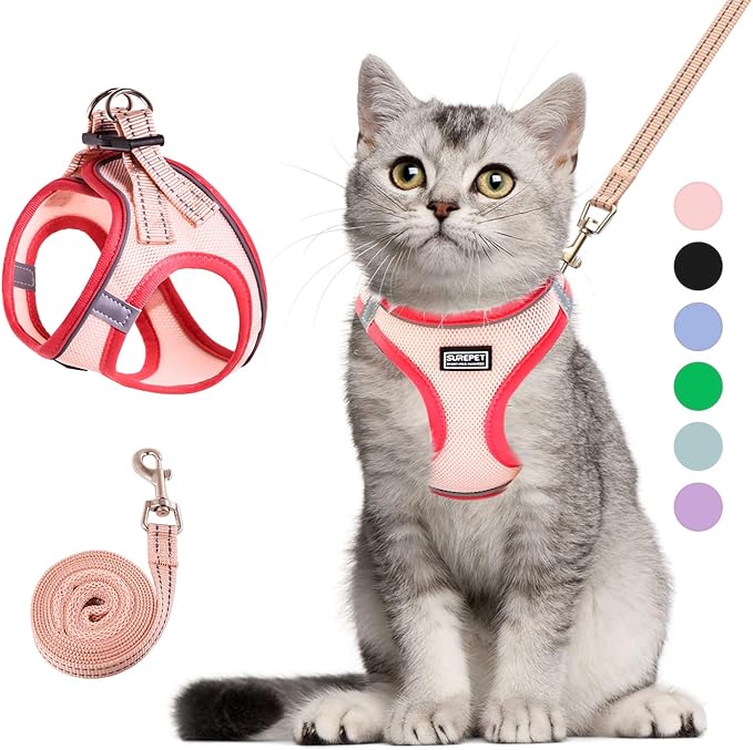 Cat Harness and Leash Set, Soft and Breathable Vest with Reflective Strip, Escape Proof Kitten Harness, Easy to Wear for Cats Walking and Traveling (Pink, XXS)