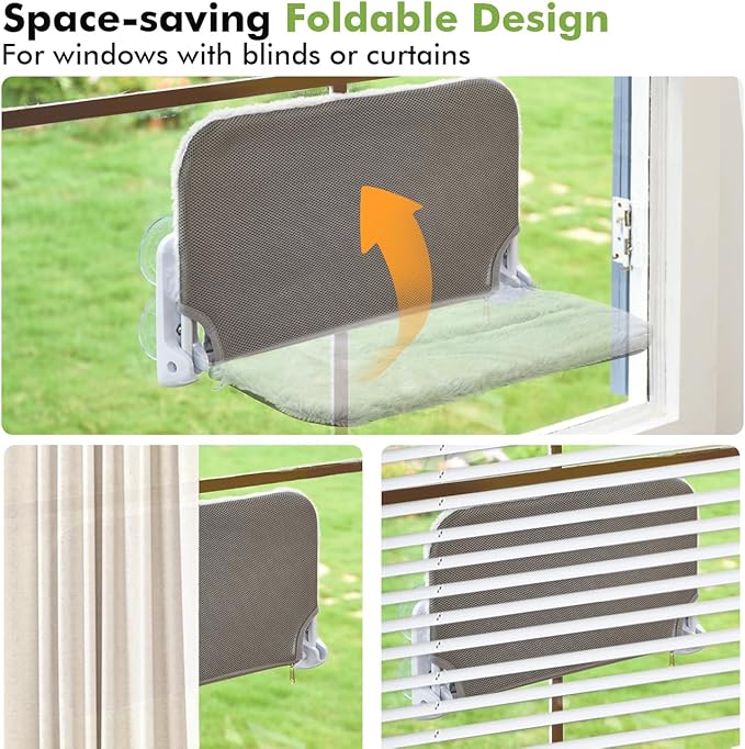 2PC Cat Window Perch Cordless Foldable Cat Hammock Bed for Window with Metal Frame and Reversible Cover, Large Suction Cups Window Resting Seat for Indoor Cats (Cat Bed, M-2PC)