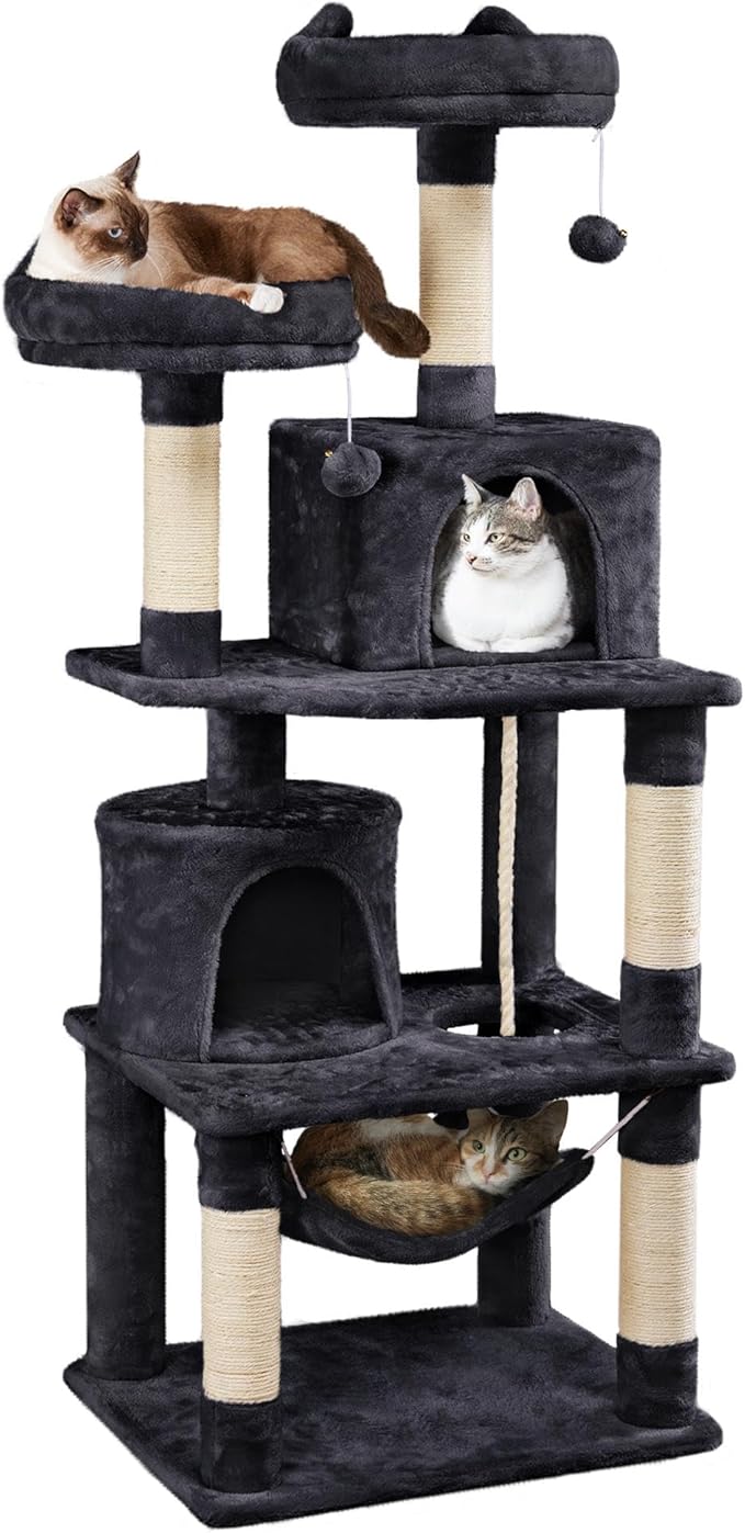 Yaheetech 62.5inches Cat Tree Cat Tower Cat Condo with Platform & Hammock, Scratching Posts for Kittens Pet Play House with Plush Perch for Indoor Activity Relaxing, Black
