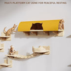 Cat Wall Shelves, Wall Mounted Pet Shelf Furniture w/Plush Fabric(20 Piece Set), 63''H Cat Tower w/Scratching Posts, Cats Furniture with 40''L Tunnel, Condos, House, Steps and Ladder, Beige
