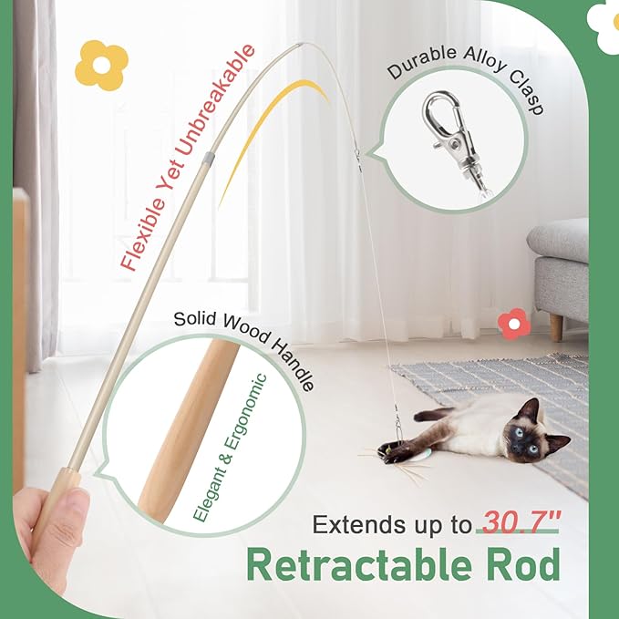 SONGWAY Cat Bug Toy Wand - Insect Interactive Cat Toys with Retractable Teaser Wand and 4 Pcs Bug Toy Feather Replacements for Cats Kittens