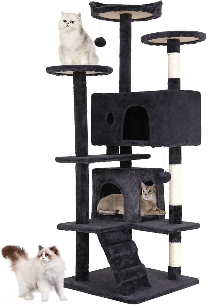 BestPet | 54" Cat Tree Tower | Dark Gray | Sturdy, Easy to Assemble, Multi-Level Activity Center with Sisal Scratching Posts, Condos, Perches, Hanging Cat Toys, Observation Decks & Ladder