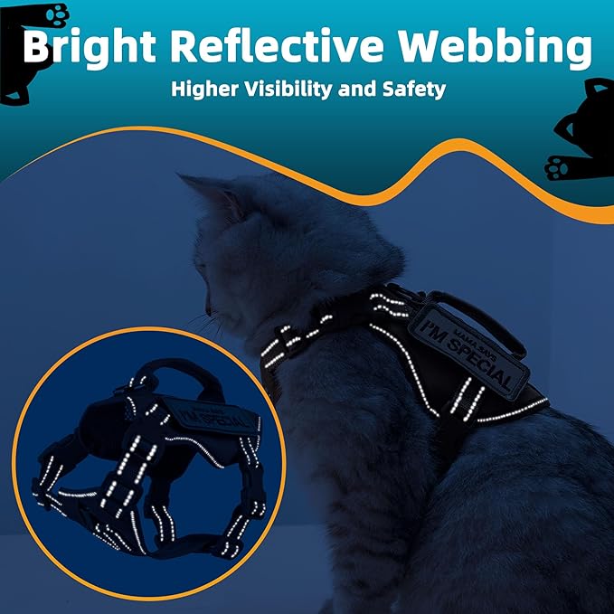 Tactical Cat Harness Black for Walking Esacpe Proof,Adjustable Soft Mesh Large Cat Vest with Rubber Handle Easy to Control,Molle Patches L