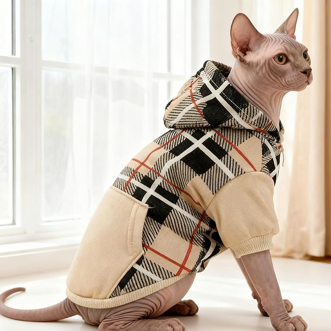 EXPAWLORER Plaid Cat Hoodie - British Style Warm Cat Sweater Shirt with Leash Hole,Pet Clothes Outfits,Winter Coat Apparel for Puppy Cats Girl Boy-Kitten Apparel,Beige XL