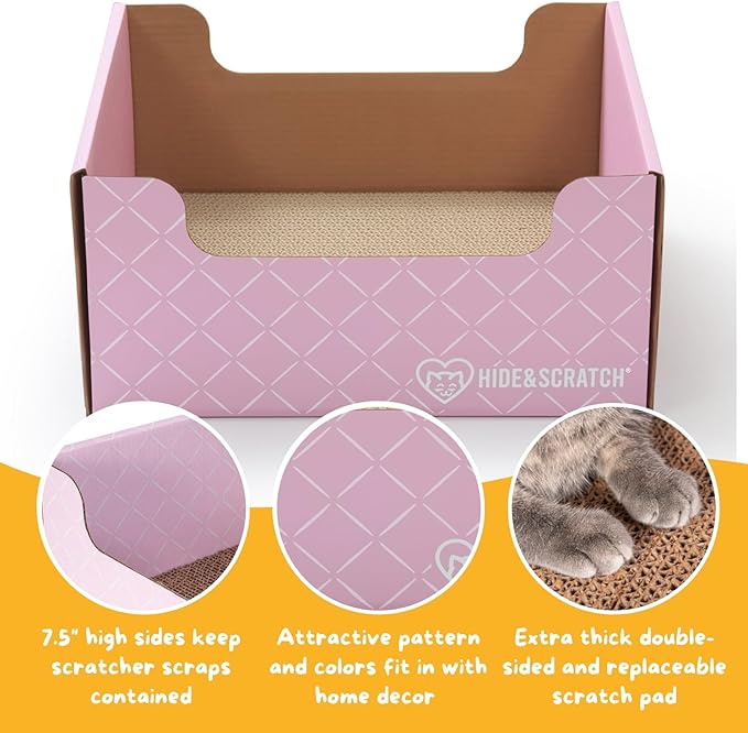 Hide & Scratch Cardboard Cat Scratcher Box & Bed - Light Pink Diamond | Double-Sided Corrugated Pad for Indoor Cats | Refillable Scratching Board Toy for Play & Furniture Protection