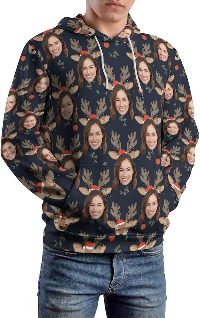 Artsadd Custom Face Unisex athletic Pockets Sweatshirt Loose Hoodie Custom Christmas Long Sleeve Sweatshirt Hooded Pullover