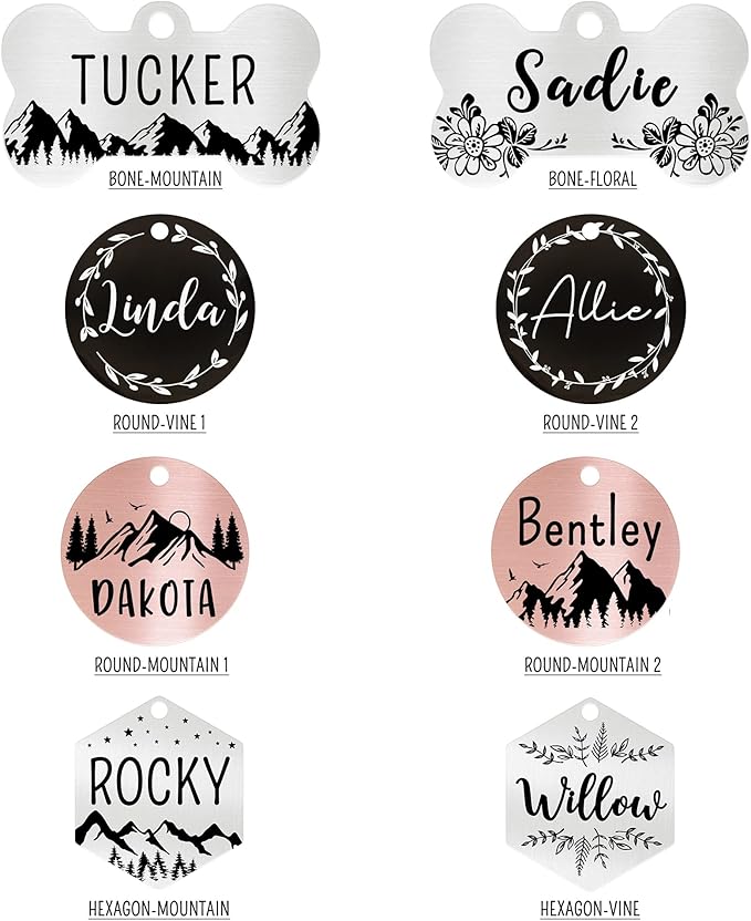Ultra Joys Stainless Steel Pet ID Tag Dog Name Tags Personalized Front and Back Engraving, Customized Dog Tags and Cat Tags, Optional Engraved on Both Sides, Round Tag Vine Design, Rose Small