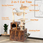 Cat Tree with Litter Box Enclosure, 2-in-1 Cat Tower for Indoor Cats, Large Wood Cat Condo with Basket, Scratching Posts, Pompoms, Rustic Brown
