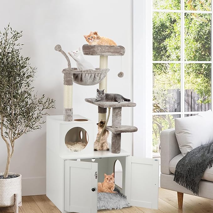 Cat Tree with Litter Box Enclosure, 2-in-1 Cat Tower for Indoor Cats, Large Wood Cat Condo with Basket, Scratching Posts, Pompoms, White