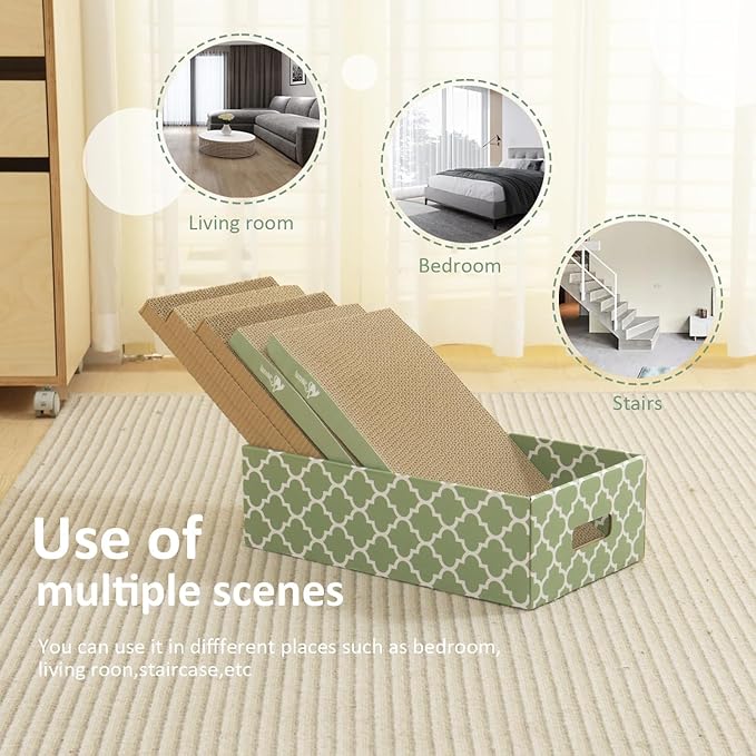 MECOOL Cat Scratching Board，5PC Cat Scratch Pad with Box，Reversible Corrugated Cat Scratcher Cardboard and Lounge Bed for Indoor Cats, Catnip