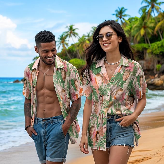 Custom Hawaiian Shirt with Face for Men, Unisex Tropical Beach Shirts Personalized Casual Funny Hawaii Button Down Shirts