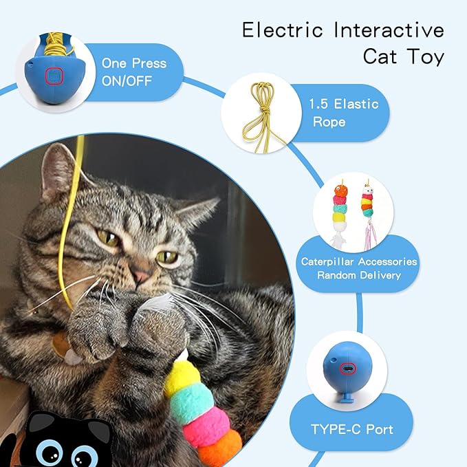 Puffluv Interactive Cat Toy for Indoor Cats, Automatic Electric Flying Bird Feather Wand Toy,Hanging Feather Wand with Stretch Cord, Rechargeable Teaser for Kittens and Adult Cats Play,Blue