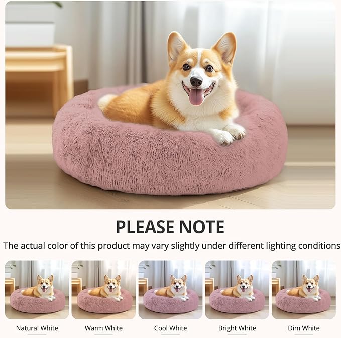 JOLLYVOGUE Calming Dog Bed for Small Dogs - 23 inches Donut Washable Small Dog Bed for Kittens & Puppies, Anti-Slip Round Fluffy Plush Faux Fur Cat Beds (Fits up to 25 lbs Pets, Dark Pink)